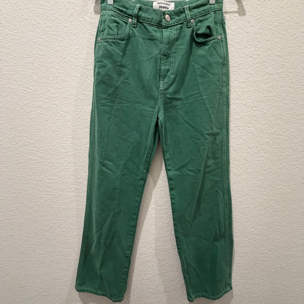 Reformation Jeans Womens 26 Green High Rise Straight Leg Contrast Stitch Denim